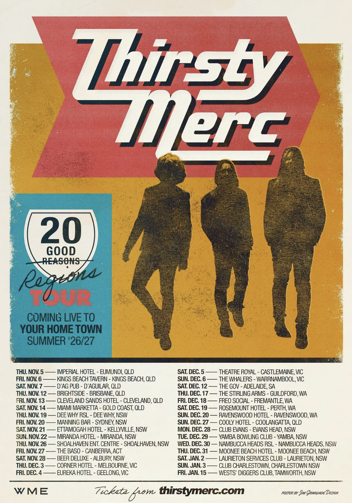 Thirsty Merc "20 Good Reasons Regions Tour" poster featuring silhouettes of the band and Summer '26/27 Australian tour dates.